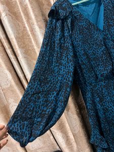 Teal Leopard Print Ruffle Dress