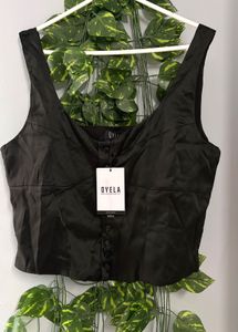 Black Satin Button-Up Corset Top