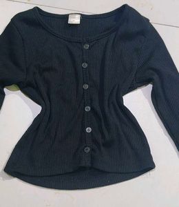 Black Ribbed Button-Up Long Sleeve Top