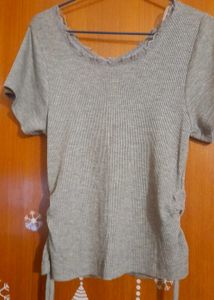 Grey Rib Wide Neck T-Shirt