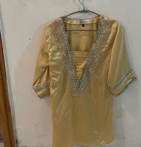 Embellished Yellow Silk Kurta