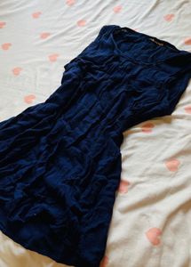 Navy Blue Crinkle Fabric Midi Dress