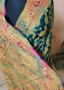 beautiful tissue fabric Embroidered Teal Blue Sare