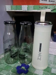 Set of 3 Glass Bottles &amp; Insulated Flask
