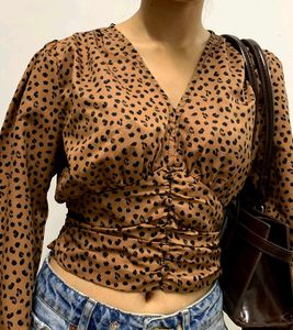Leopard Print Ruched V-Neck Top