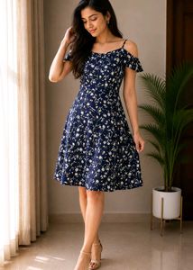 Navy Blue Floral Cold Shoulder Dress