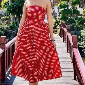 Red &amp; White Gingham Strapless Dress