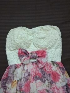 Floral Print Strapless Dress with Bow