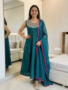 Embellished Teal Kurta with dupatta