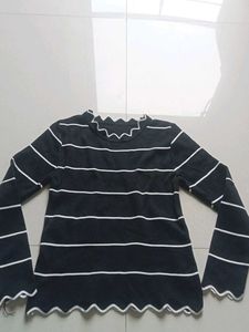Striped Long Sleeve Top with Ruffle Neck