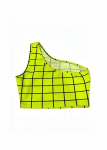 SHEIN Neon Green One Shoulder Grid Print Crop Top
