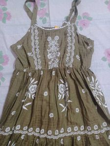 Olive Green Embroidered Tiered Midi Dress