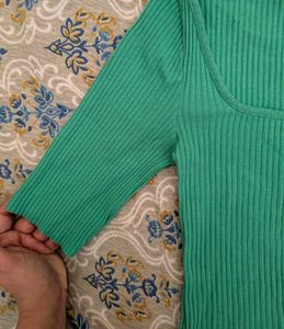Green Ribbed Square Neck Top