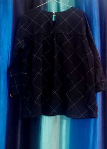 Navy Blue Plaid Bell Sleeve Top