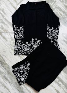 Elegant Black cord Set with White Embroidery