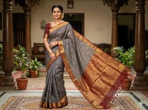 GentlyUsed Burgundy and Grey Pattu Sari WithBlo