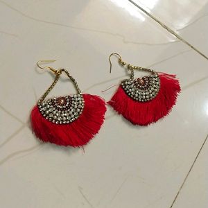 Red Fringe Beaded Earrings