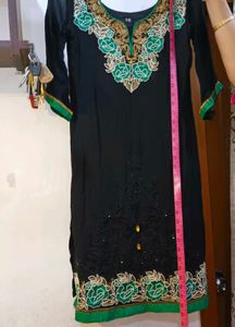 Black &amp; Green Embroidered Suit And Dupatta
