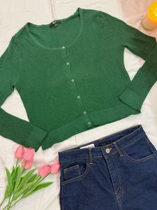 Green Ribbed Button-Up Cardigan