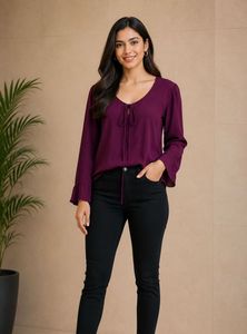 Stylish Purple Tie-Neck Bell Sleeve Top