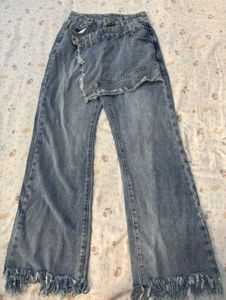 Distressed Wide-Leg Denim Jeans with Skirt Overlay