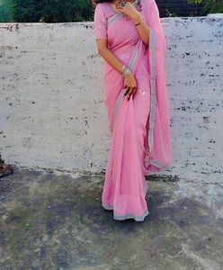 Elegant Pink Saree with Silver Border