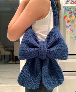 Chunky Blue Bow Crochet Shoulder Bag