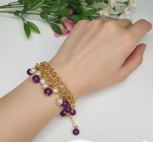 four layer Gold Chain Bracelet with Purple Beads
