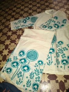 Cream Teal Print Kurta Set