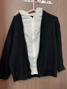 New Cozy Black Knit Cardigan with hoodie for L &amp;xl