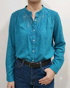 Teal Lace Detail Button-Up Blouse