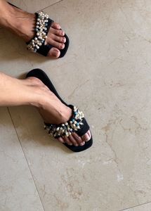 Embellished Black Velvet Slides