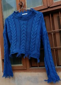 Fancy sleeves korean Blue Cable Knit Sweater