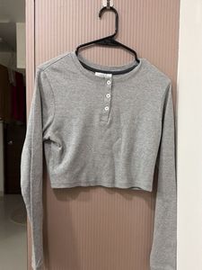 Grey Long Sleeve Cropped Henley Top