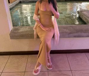 Elegant Beige Ribbed Maxi Dress