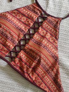 Boho Print Lattice Front Crop Top