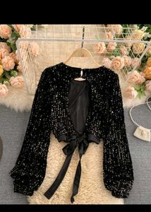 Sequin Long Sleeve Crop Top