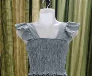 Women's Grey Checkered Ruffle Sleeve Front Tie-Up