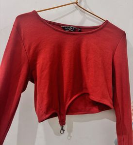 Red Ribbed Long Sleeve Crop Top