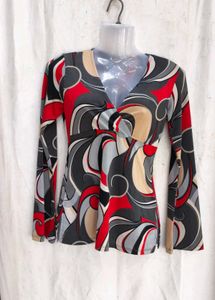 Retro Swirl Print V-Neck Long Sleeve Top
