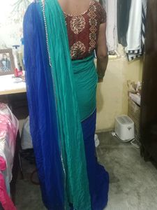 Stylish Dark Blue &amp; Light Green Saree