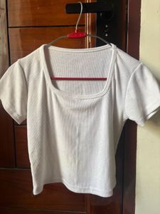 2 White Ribbed Square Neck T-Shirt