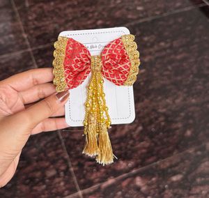 Red & Gold Bow Hair Clip with Tassels