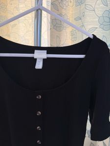 Black Ribbed Button-Up Top