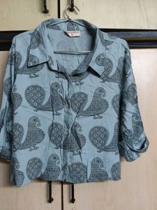 Light Blue Bird Print Button-Up Shirt