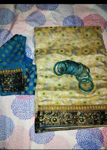 Elegant Beige &amp; Blue Silk Saree