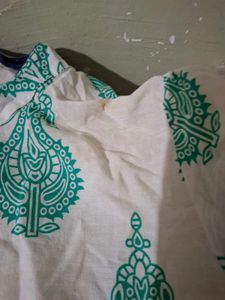 Stylish White Kurta with Blue &amp; Green Print