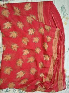 Vibrant Red Saree with Leaf Print