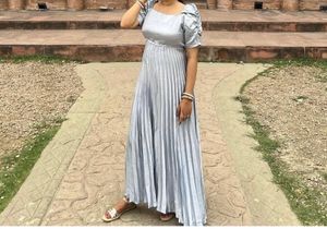 Silver Satin Pleated Maxi Dress