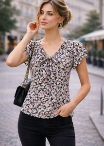 Chic Printed V-Neck Top with Tie Detail M size